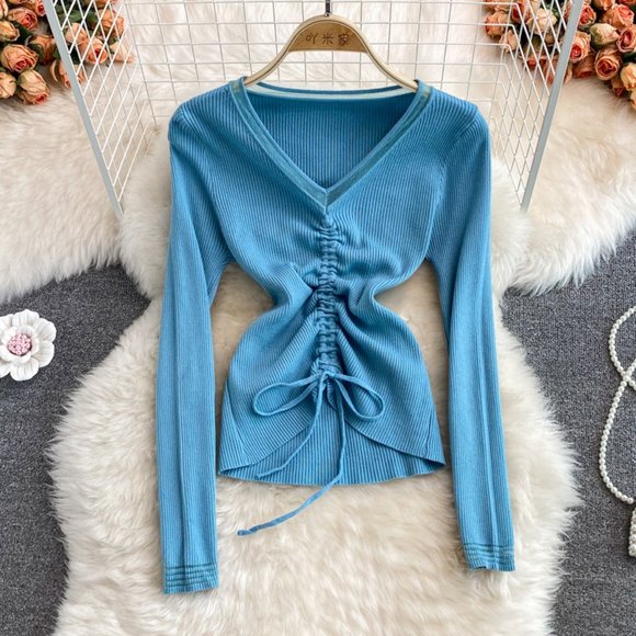 Women V-Neck Drawstring Top And Long Skirt - Picture 8 of 12